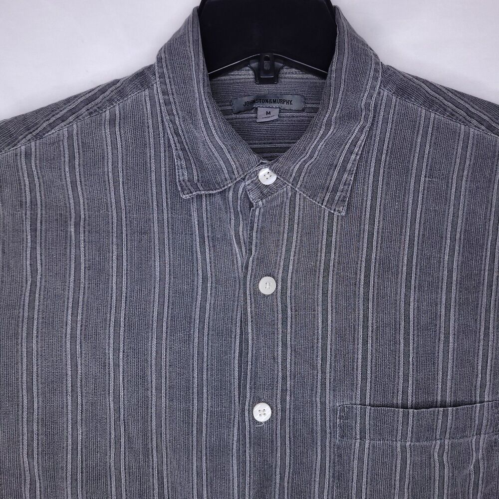 Johnston Murphy Shirt Mens Medium Striped Gray Silk Cotton Blend Short Sleeve